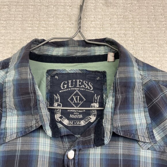 Y2K Guess Mens Blue Plaid Button-Down Long-Sleeve Shirt Metal Snap / Zip Size XL - Picture 7 of 16